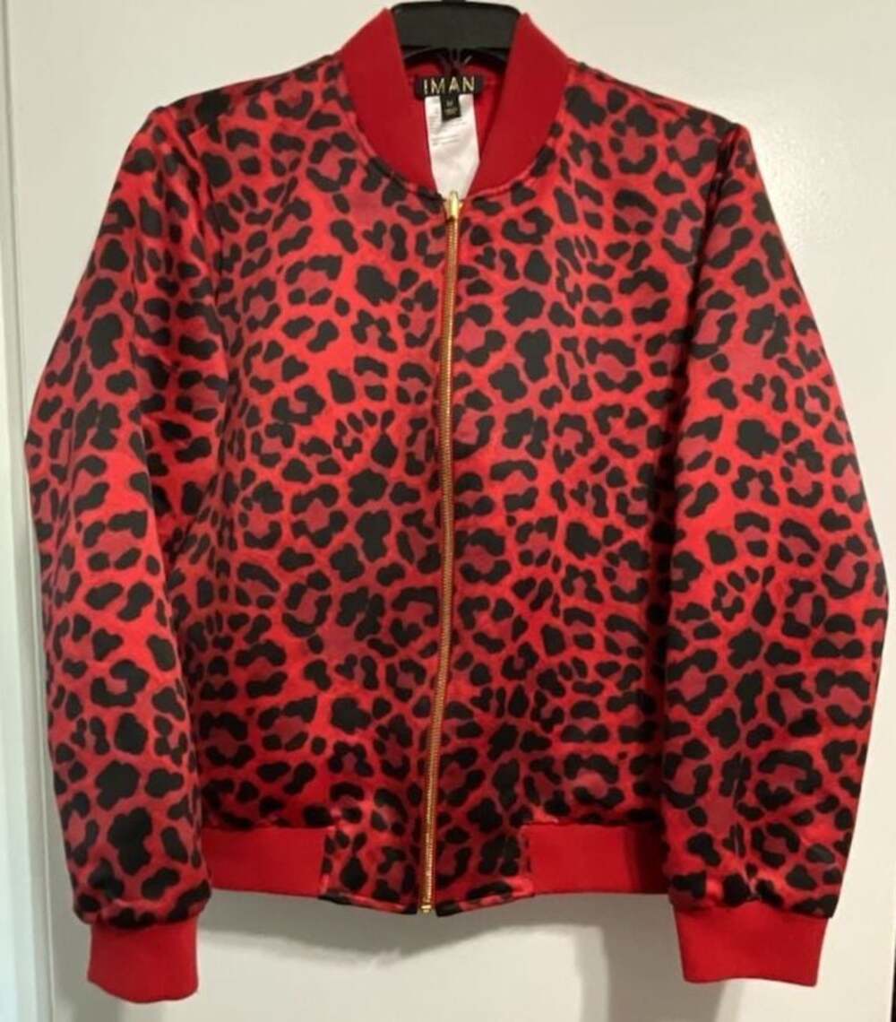 IMAN Red Leopard Print Y2K Aesthetic Exotic Bomber Jacket with Gold Zip